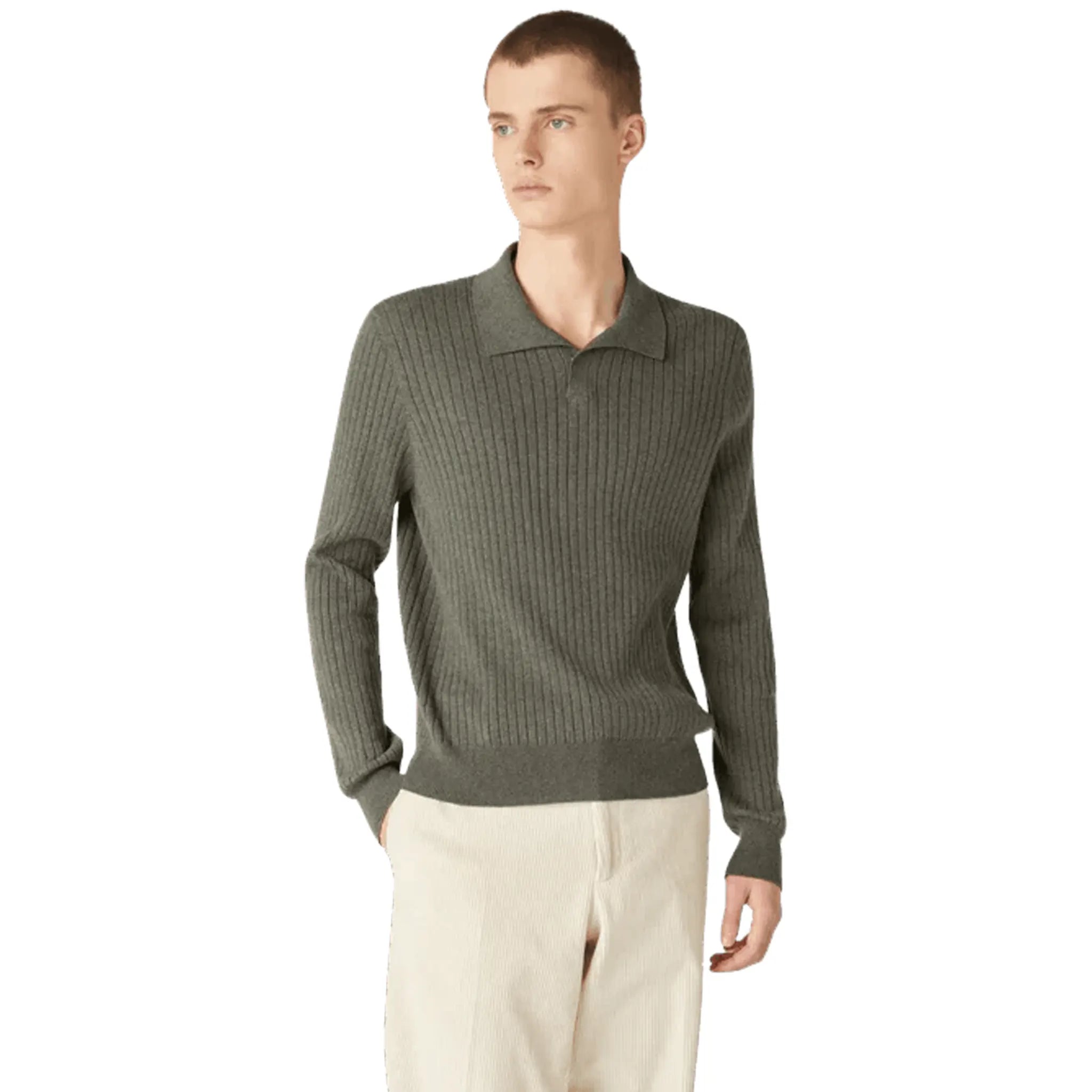 Model View of Loro Piana Lexington Baby Cashmere Dusky Moss Melange Polo Shirt FAO3673